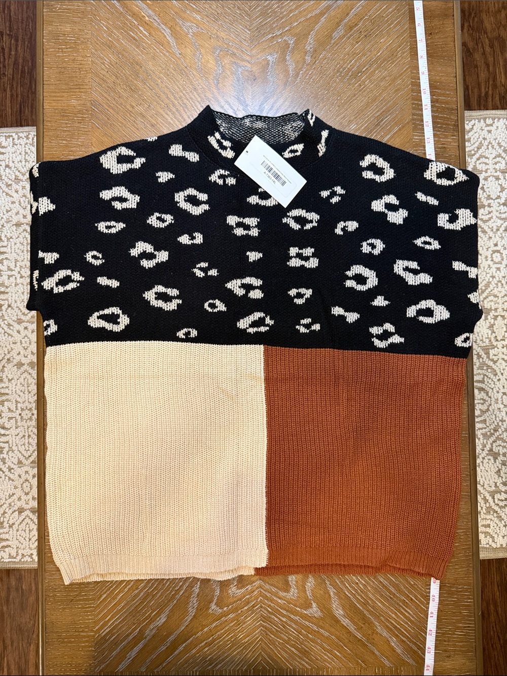 Andree Leopard Colorblock Crew Sweater in Black, Cream & Rust